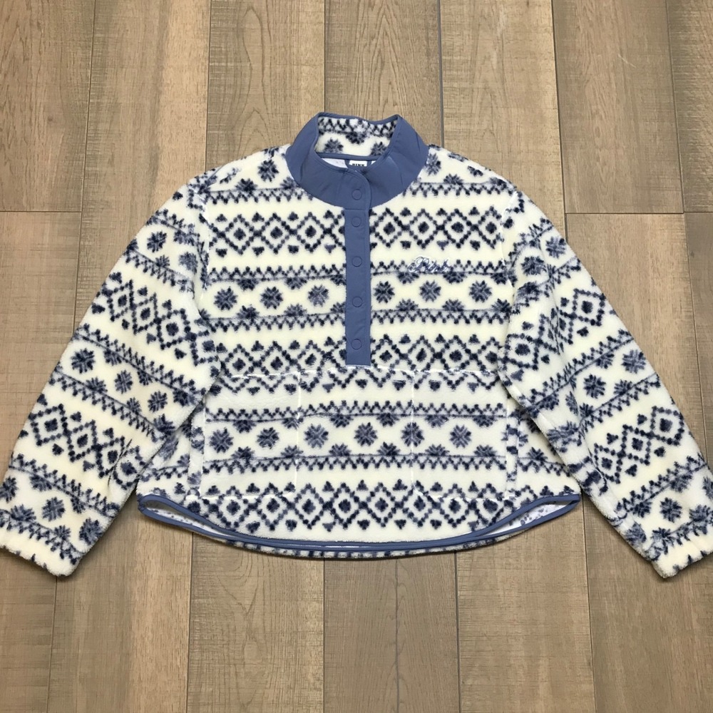 VS PINK Jacket Womens Size XL Blue Sherpa Fair Isle Plush Teddy Snap‎ Pullover